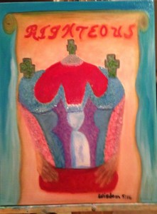 Prior to painting this I prayed for a biblical message and randomly opened my bible to Wisfom 5:16.  The righteous will receive a crown and it will be given to us from the Lord himself.  When I painted this I painted a crown being held by the Lord.  In the middle of the crown is a righteous one being crowned.  I painted the crown on a scroll because our name is written on a list of the righteous.  Can one imagine to be rewarded from the Lord himself..